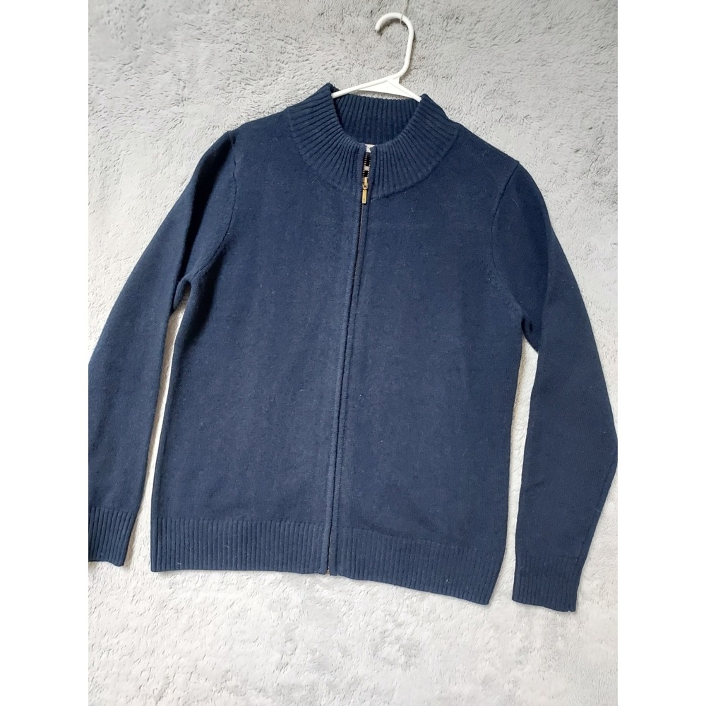 Woolovers Sweater Men Large 100% Wool Full Zip Navy Blue Mock Neck Preppy Casual